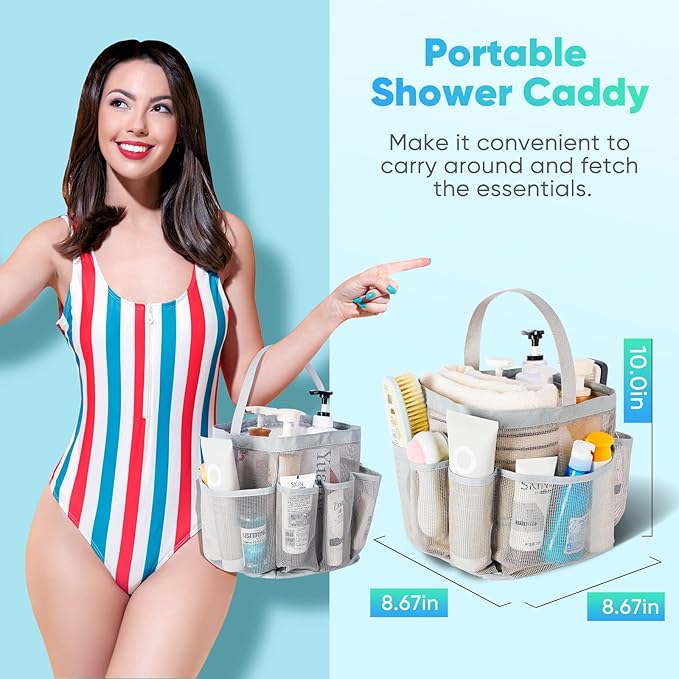 EUDELE 2 Pack Mesh Shower Caddy Portable for College Dorm Room Essentials, Shower Caddy Dorm with 8-Pocket Large Capacity,Shower Bag for Beach,Swimming,Gym All Black+All Grey