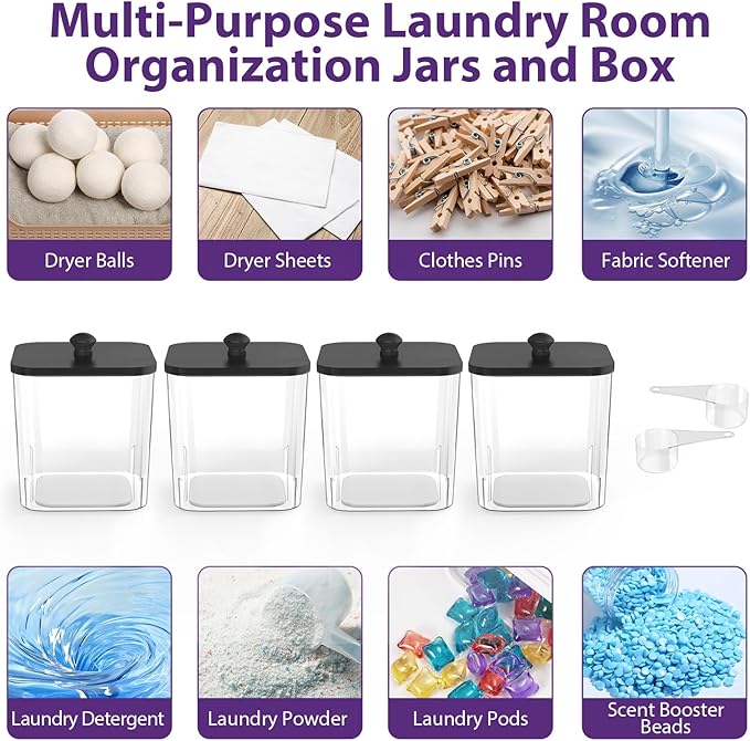 COAZEX 4 Pack Clear Laundry Pods Container, Plastic Square Laundry Room Organization and Storage Jars with Black Lids, Scoops & Labels for Detergent, Powder, Dryer Balls
