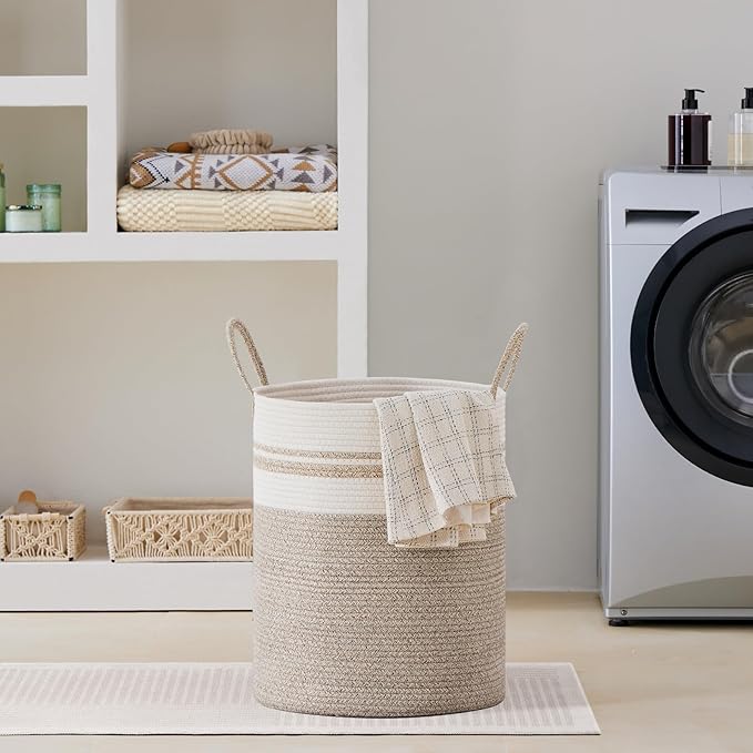 VIPOSCO Large Laundry Hamper, Tall Woven Rope Storage Basket for Blanket, Toys, Dirty Clothes in Living Room, Bathroom, Bedroom - 53L Brown & White