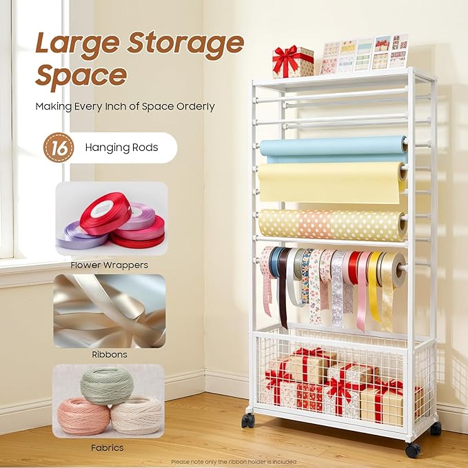 16-Tier Double-Sided Ribbon Holder Organizer Rack with Storage Basket & Wheels, Multifunctional Flower Wrapping Paper Display Stand for Craft Rooms, Flower Shops (White, 31.5''W x 12.6''D x 59.06''H)