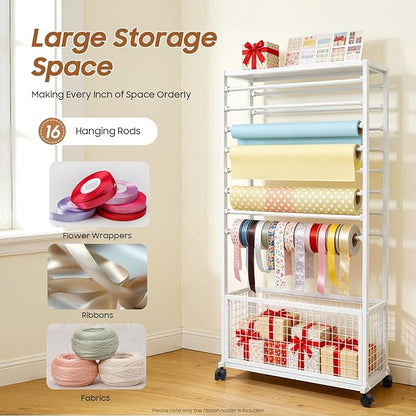 16-Tier Double-Sided Ribbon Holder Organizer Rack with Storage Basket & Wheels, Multifunctional Flower Wrapping Paper Display Stand for Craft Rooms, Flower Shops (White, 31.5''W x 12.6''D x 59.06''H)