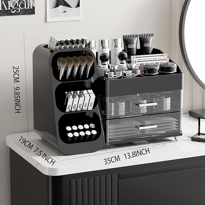 Makeup Organizer for Vanity with Brush Holder, Countertop Organizer with 2 Drawers,Spacious Cosmetic Display Case,Skincare Organizers and Cosmetic Storage for Dresser