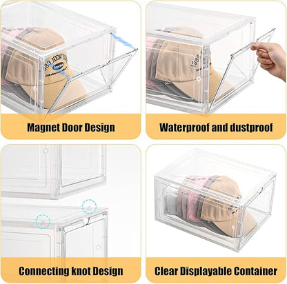Hat Organizer Box,Stackable Baseball Caps Holder Box Containers with Magnetic Door for Hats Snapback Cap Storag,Clear Hat Storage with Magnetic Door, Holds 8 Hats Each (clear, 3 pack)
