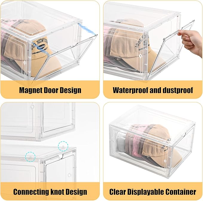 Hat Organizer Box,Stackable Baseball Caps Holder Box Containers with Magnetic Door for Hats Snapback Cap Storag,Clear Hat Storage with Magnetic Door, Holds 8 Hats Each (clear, 5 pack)
