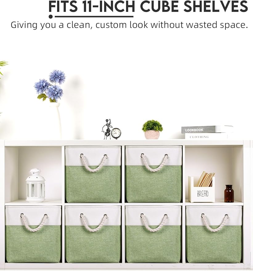 Temary 11 Inch Cube Storage Bins - 6 Pack Foldable Fabric Storage Baskets with Soft Rope Handles, Sturdy Organizer Cubes with Metal Frame for Shelves, Closet, Office & Home Organization (White&Green)