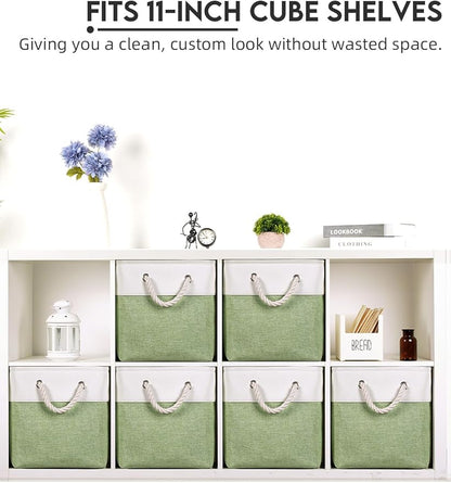 Temary 11 Inch Cube Storage Bins - 6 Pack Foldable Fabric Storage Baskets with Soft Rope Handles, Sturdy Organizer Cubes with Metal Frame for Shelves, Closet, Office & Home Organization (White&Green)