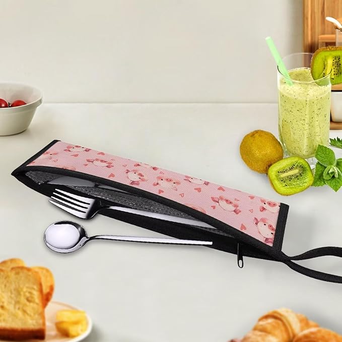 Portable Tableware Carrier Pouch Cutlery Bag Silverware Organizer Accessories for Travel Camp Party,Pig Pink