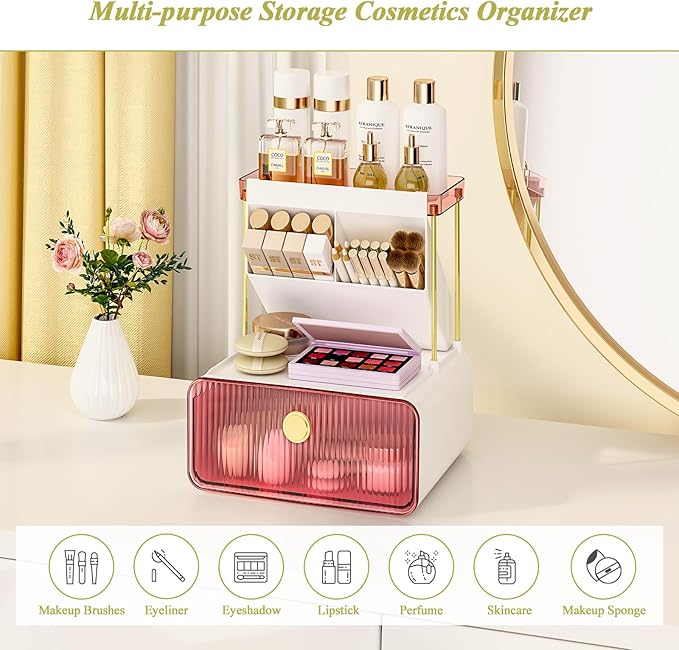 FOLLOWIN Bathroom Organizers and Storage with Drawer, Vanity Storage Organizer with Makeup Brushes Holder, Perfume Lotion Cosmetic Organizer, Blush Pink
