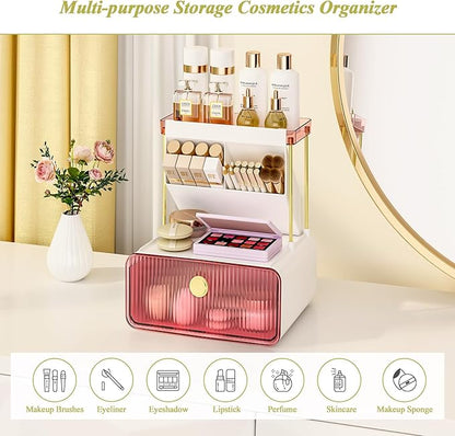 FOLLOWIN Bathroom Organizers and Storage with Drawer, Vanity Storage Organizer with Makeup Brushes Holder, Perfume Lotion Cosmetic Organizer, Blush Pink