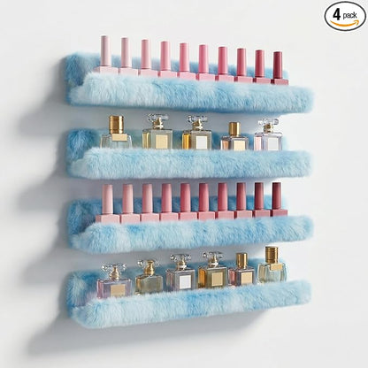 Care&More YJ 15 Inch Nail Polish Shelves, 4-Pack Fuzzy Display Nail Polish Rack for Storing Nail Bottles, Sunglasses, Essential Oils, Plush Soft (Blue)