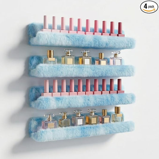 Care&More YJ 15 Inch Nail Polish Shelves, 4-Pack Fuzzy Display Nail Polish Rack for Storing Nail Bottles, Sunglasses, Essential Oils, Plush Soft (Blue)