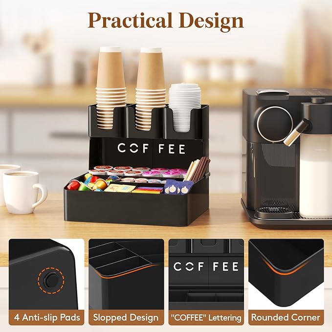 Lifewit 2-tier Coffee Station Organizer Caddy for Countertop, 10 Compartments Coffee Bar Organizers for Cups, Pods, Sugar, Compact Condiment Holders Storage for Office Breakroom Kitchen Home Black