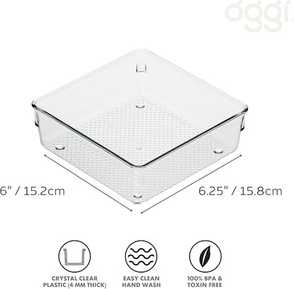 Oggi Clear Drawer Organizer - 6" X 6"- Ideal for Organizing Kitchen Drawers, Office, Desk, Silverware, Kitchen Utensils, Cosmetics and Bathrooms (Pack of 2)