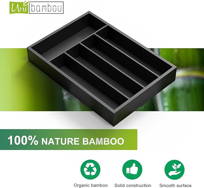 Unibambou Bamboo Kitchen Drawer Organizer - silverware organizer - Cutlery Tray - Utensil Tray - drawer dividers and Utensil Holder with Wood Silverware Holder for Flatware Cutlery (5 Slots, Black)