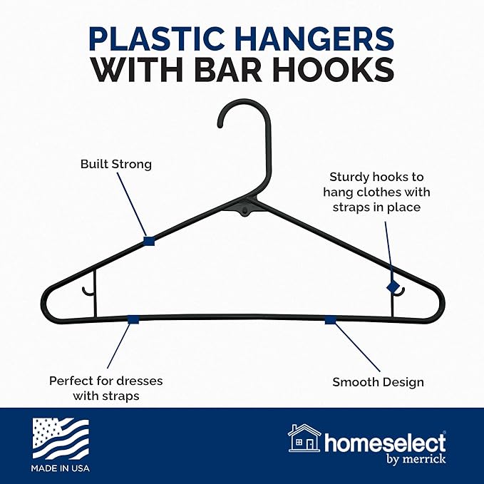 Homeselect 50 Pk Plastic Clothes Hangers Made in USA, No Shoulder Bumps, Space Saving, Hooks for Dresses and Strap, 6lb Capacity (Black)