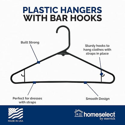 Homeselect 50 Pk Plastic Clothes Hangers Made in USA, No Shoulder Bumps, Space Saving, Hooks for Dresses and Strap, 6lb Capacity (Black)