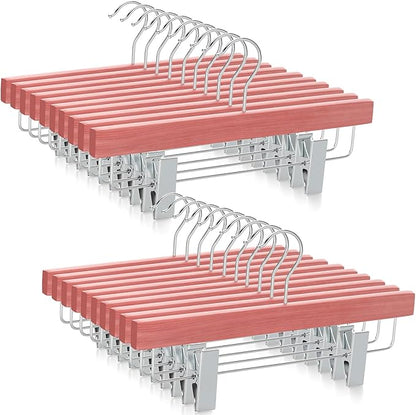 TOPIA HANGER Red Cedar Wooden Pants Hangers 20 Pack, Slacks Trouser Shorts Hangers with 2 Big Metal Anti-Wrinkle Adjustable Clips, 360° Stronger Chrome Hooks, CT07P20