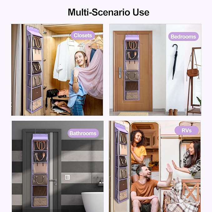 Lirex Over The Door Purse Organizer & Purse Shelf for Closet – Handbag Storage Organizer with Purse Hanger. Perfect for Scarves, Hats, and Leggings. L (15.7'' x 5.7'' x 68''), Purple