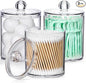 AOZITA 3 Pack Acrylic Qtip Holder Dispenser for Cotton Swab, Ball, Round Pads, Floss Picks - 10 oz Clear Plastic Apothecary Jar Set for Bathroom Canister Storage Organization, Vanity Makeup Organizer