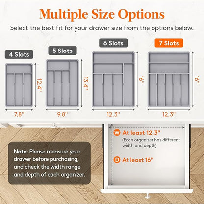 Lifewit Silverware Drawer Organizer Tray, Plastic Cutlery Storage for Kitchen, Flatware and Utensil Holder Divider for Spoons Forks Knives Tableware, 12.3 x 16", 7 Slots, Gray