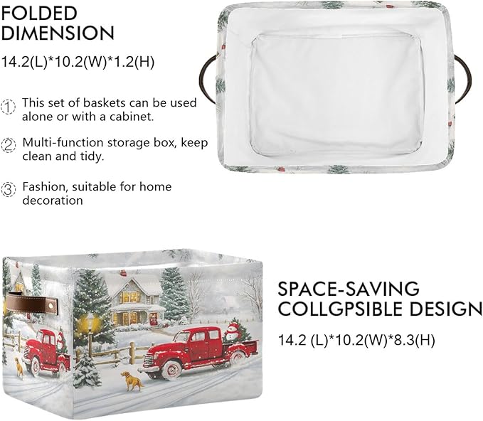 Christmas Tree Red Truck Foldable Fabric Storage Bin Cube with Handles for Shelf Closet, Nursery Bedroom