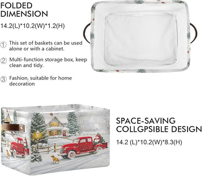 Christmas Tree Red Truck Foldable Fabric Storage Bin Cube with Handles for Shelf Closet, Nursery Bedroom
