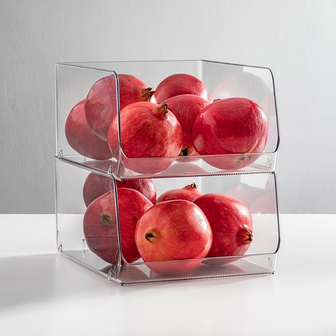 mDesign Wide Stackable Plastic Food Storage Organizer Bin Basket with Open Front for Household Kitchen Cabinets, Pantry, Offices, Closets, Bedrooms, Bathrooms - 10.2" Wide, 2 Pack - Clear