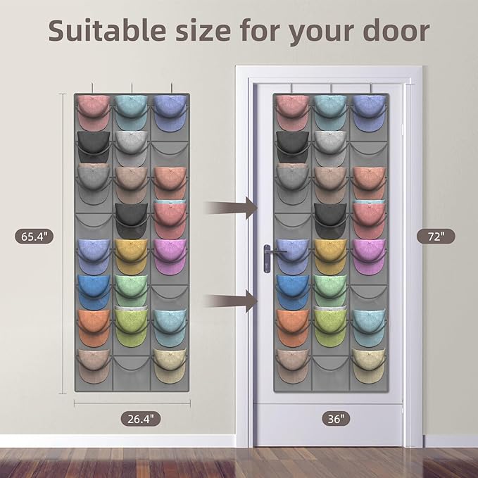 Grey Hat Organizer Racks for Baseball Caps, 24 Deeper Pockets Baseball Hat Rack, Cap Rack, Hat Rack for Door with 3 Hooks