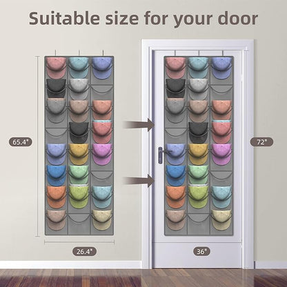 Grey Hat Organizer Racks for Baseball Caps, 24 Deeper Pockets Baseball Hat Rack, Cap Rack, Hat Rack for Door with 3 Hooks