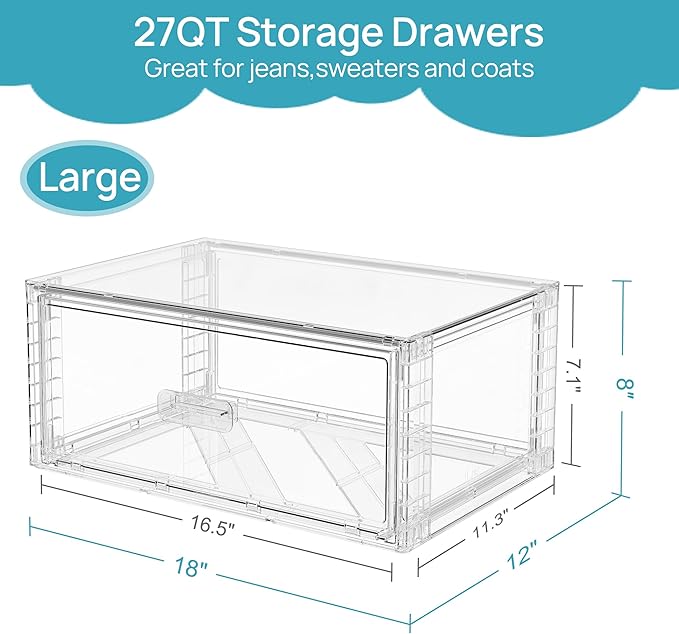 Vtopmart 3 Pack Large Clear Stackable Storage Drawers 27QT, Easily Assemble Plastic Closet Storage Bins, Dust-Proof UnderBed Organizer for Clothing, Sweater Organization