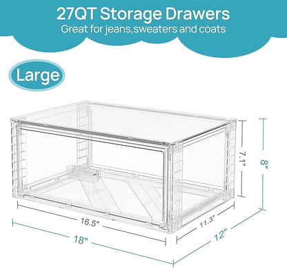 Vtopmart 3 Pack Large Clear Stackable Storage Drawers 27QT, Easily Assemble Plastic Closet Storage Bins, Dust-Proof UnderBed Organizer for Clothing, Sweater Organization