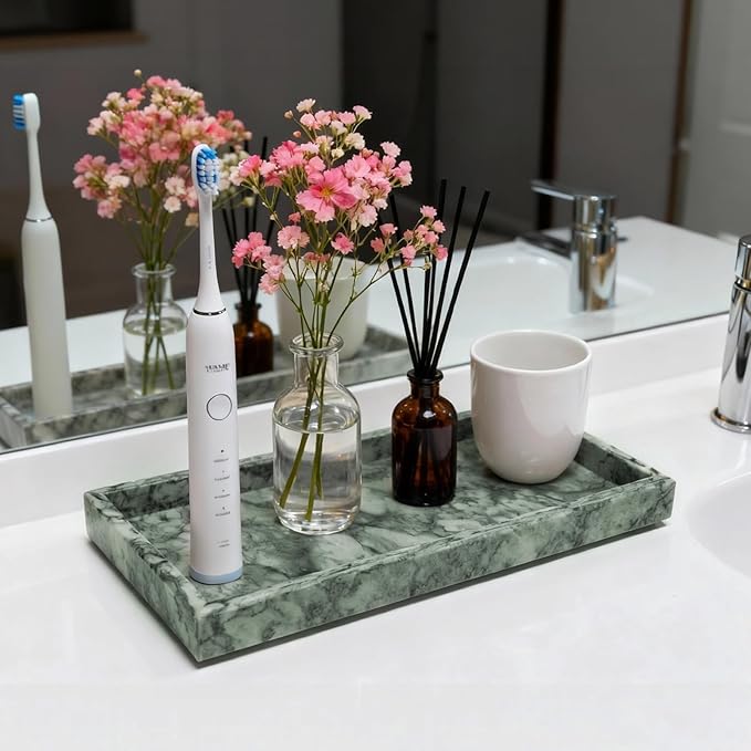 Pure Natural Marble Tray for Bathroom, Dresser, Sink. Cosmetics, toiletries, perfumes, Jewelry, Candles, etc. can be Placed (Lotus Green, 12" x 8" x 1.2")