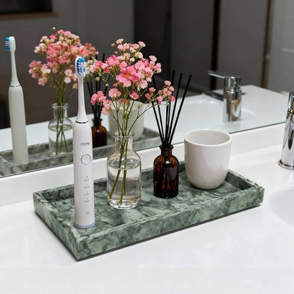 Pure Natural Marble Tray for Bathroom, Dresser, Sink. Cosmetics, toiletries, perfumes, Jewelry, Candles, etc. can be Placed (Lotus Green, 12" x 8" x 1.2")