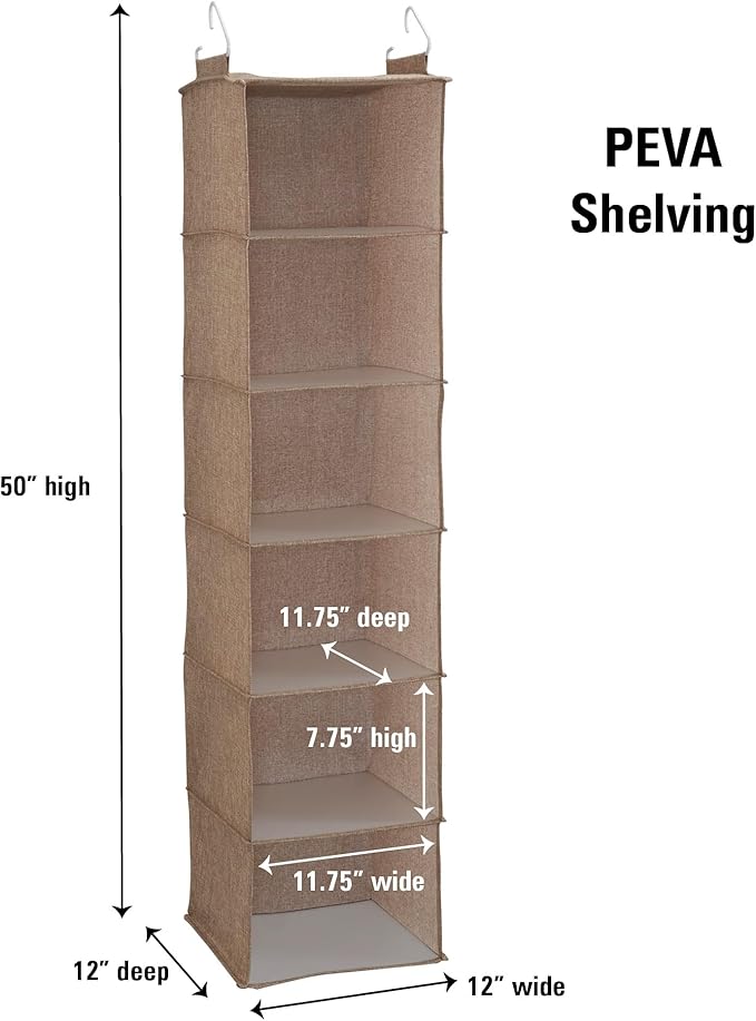 Household Essentials 6 Shelf Hanging Closet Organizer, Hanging Closet Shelf, Fabric Poly Linen and PEVA Shelving, Beige