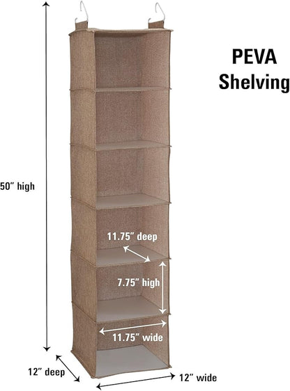 Household Essentials 6 Shelf Hanging Closet Organizer, Hanging Closet Shelf, Fabric Poly Linen and PEVA Shelving, Beige