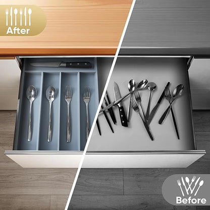 Silverware Organizer, 10 Inch Utensil Organizer Kitchen Drawer Organizer Bamboo Silverware Holder Cutlery Tray Organizer in Drawer Flatware Organizer Tray(5 slots, Gray