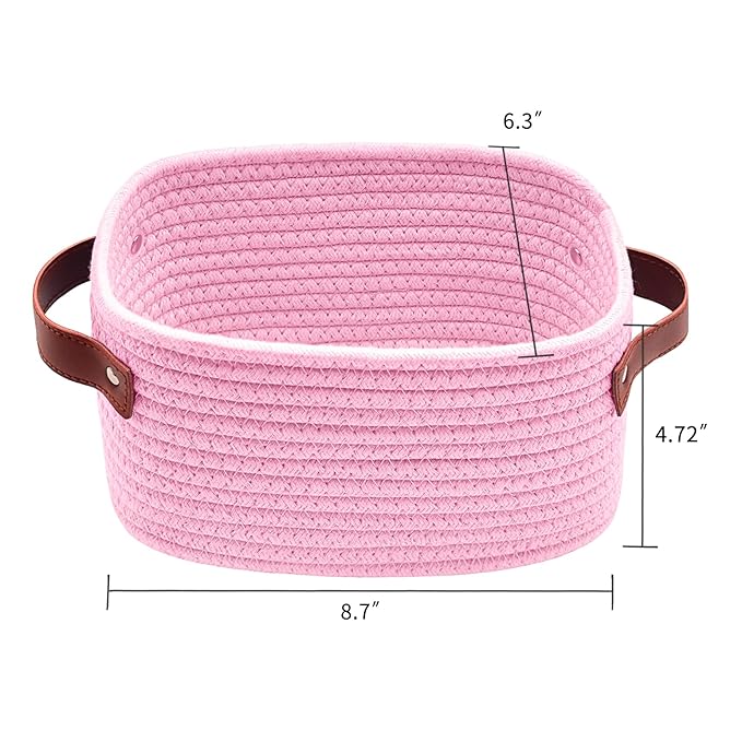 ABenkle Small Storage Basket, Mini Baskets with Handle, Cute Cotton Woven Baskets for Shelves, Boho Decorative Toy Storage Bin for Nursery, Spa, Empty Gift Basket - XS, Pink