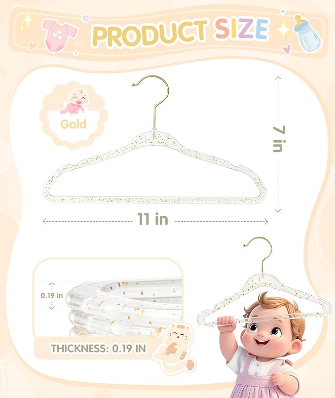 VIS'V Baby Hangers, 11 Inch Acrylic Kids Glitter Hangers for Infant Toddler Nursery Closet Clothes Organization, Gold, 30 Pcs