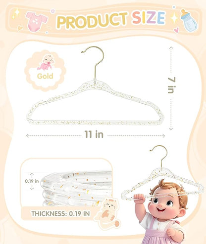 VIS'V Baby Hangers, 11 Inch Acrylic Kids Glitter Hangers for Infant Toddler Nursery Closet Clothes Organization, Gold, 30 Pcs