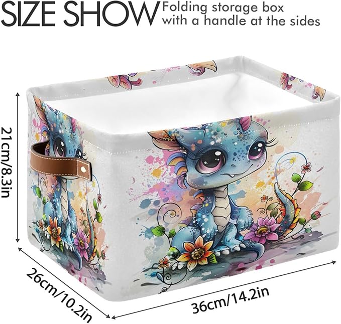 Large Storage Basket Cute Dragon Style Storage Bin Cube Canvas Fabric Organizer Handles Collapsible for Clothes Toys Bedroom Decorative
