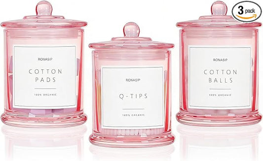 Ronasip 3 Pack Qtip Holder Dispenser, 16oz Bathroom Organizer and Storage Canisters, glass vanity organizer with lid - Home Decor, Room Decor Aesthetic (Pink)