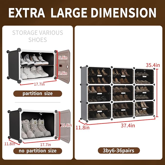 MAGINELS 6-Tier Shoe Rack,Expandable Plastic Shoe Cabinet. Shoe Storage with Door,Entryway, Closets, Hallway, and Bedroom.Accommodates Up to 24 Pairs of Shoes.Grey (3 by 6)