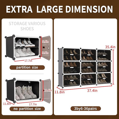 MAGINELS 6-Tier Shoe Rack,Expandable Plastic Shoe Cabinet. Shoe Storage with Door,Entryway, Closets, Hallway, and Bedroom.Accommodates Up to 24 Pairs of Shoes.Grey (3 by 6)