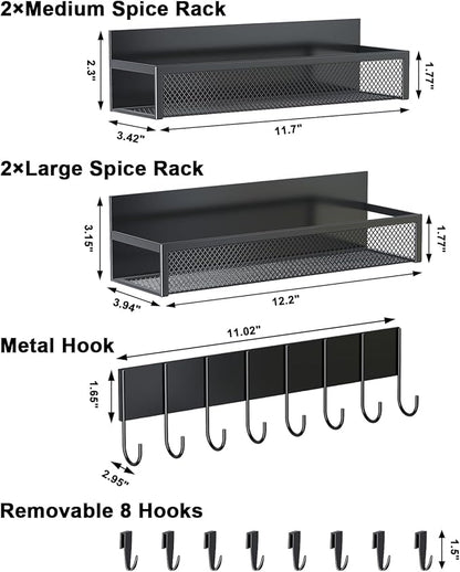 Aufworld Magnetic Spice Rack for Refrigerator, 5 Pack Magnetic Shelf, Moveable Magnetic Fridge Organizer with an 8-Hook Rack, Seasoning Organizer for Kitchen Organization (Extra with 8 Hooks)