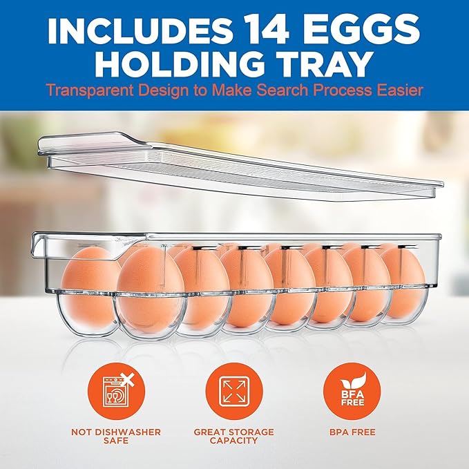 NutriChef Refrigerator Organizer Bins 6-Piece - Plastic Storage Bins with Egg Holder - For Fridge, Freezer, Kitchen, Cabinet, Countertops, Pantry - Stackable Food & Drink Containers, 14.5"x7" - Clear