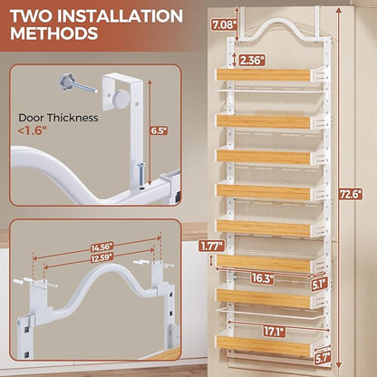 8-Tier Spice Rack Wall Mount, Heavy-Duty Over the Door Pantry Organizer with Wooden Adjustable Basket, 2 IN 1 Wall Mount or Hanging Pantry Door Organizer, Door Spice Rack for Home, White