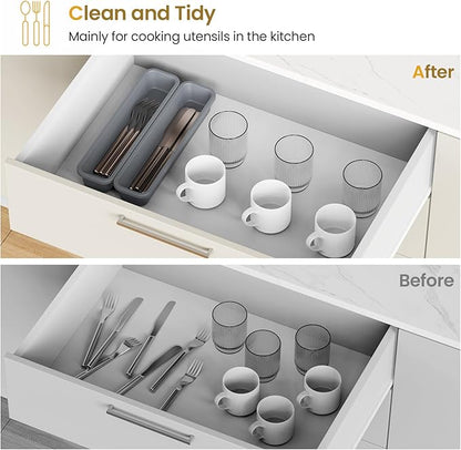 2 Pack Silicone Silverware Drawer Organizer, DIY Free Combination Kitchen Drawer Organizer, Utensil Organizer, Moisture-proof and Heat-resistant up to 200°C, Anti-slip Design (Grey)