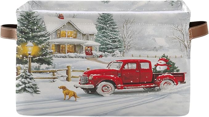 Christmas Tree Red Truck Foldable Fabric Storage Bin Cube with Handles for Shelf Closet, Nursery Bedroom