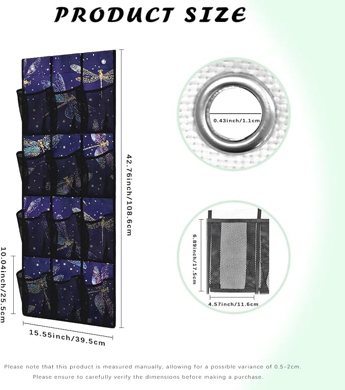 Glowing Dragonfly Over Door Hanging Organizer, 12 Glow-in-the-Dark Mesh Pockets for Night Visibility, Perfect for Dorm Room & Apartment Bathroom Storage