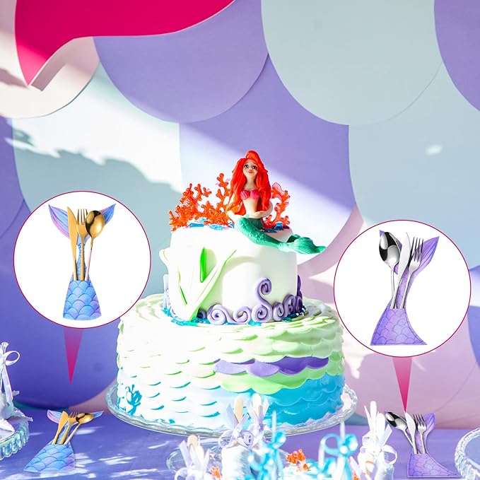 Yaomiao 24 Pack Mermaid Cutlery Holder Bag Mermaid Tail Shaped Utensil Holder Pouch Tableware Knife Fork Cover for Themed Party baby shower Decorations Birthday Party Supplies